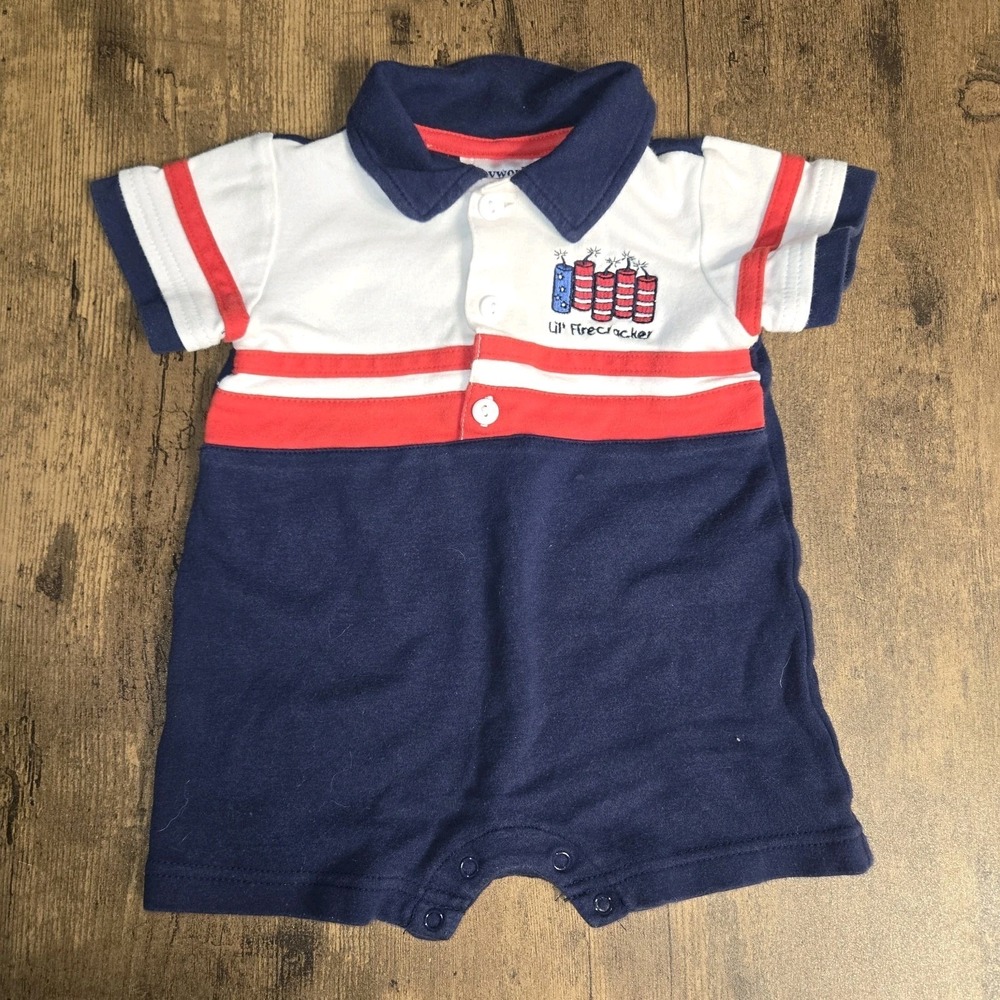 Baby Works 3-6‎ Month Patriotic Romper Fourth of July Fireworks Collared